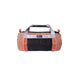 The River Station Gear Small Mesh Duffel is a small cylindrical whitewater gear bag with orange and black panels, light gray handles, and red accent loops, pictured on a white background.