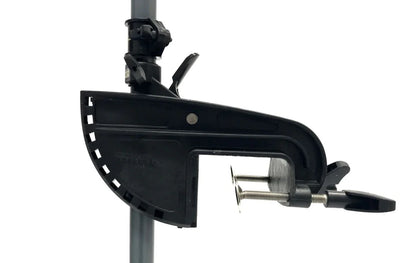 The Newport Kayak Series Trolling Motor Mount features a black plastic and metal clamp, adjustment screws, and a semi-circular guide—ideal for securing your Newport Kayak Series Trolling Motor - 55lb Thrust.