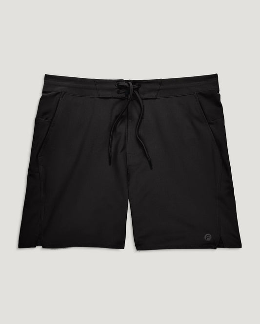 The Men's Pinnacle Utility Boardshort by Free Fly, featuring an adjustable drawstring waistband and side zippered pockets, crafted from quick-dry fabric, is displayed flat on a light background.