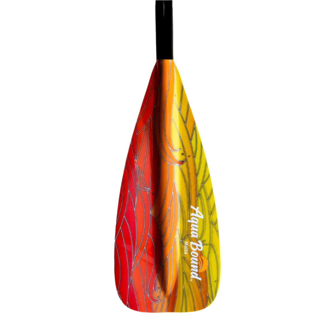 The AquaBound Malta Adjustable SUP Paddle features a red and yellow gradient blade, black handle, and the "Aqua Bound" logo on the yellow part—lightweight and perfect for effortless paddling.