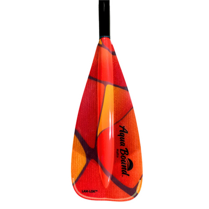 The AquaBound Malta Adjustable SUP Paddle features a lightweight, brightly colored orange and red blade attached to a black shaft.