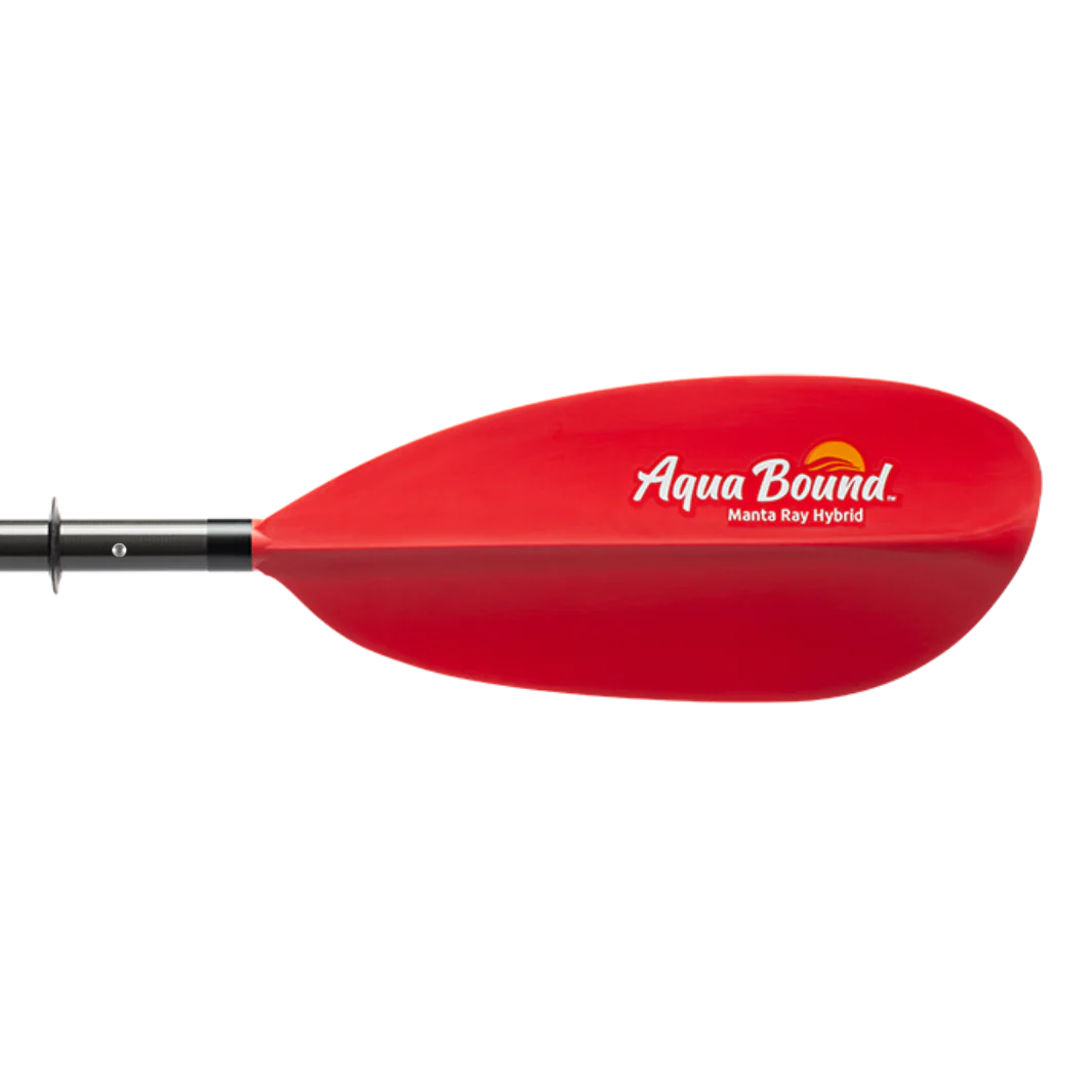 A red Manta Ray Hybrid 4-Piece paddle with a black handle from AquaBound.