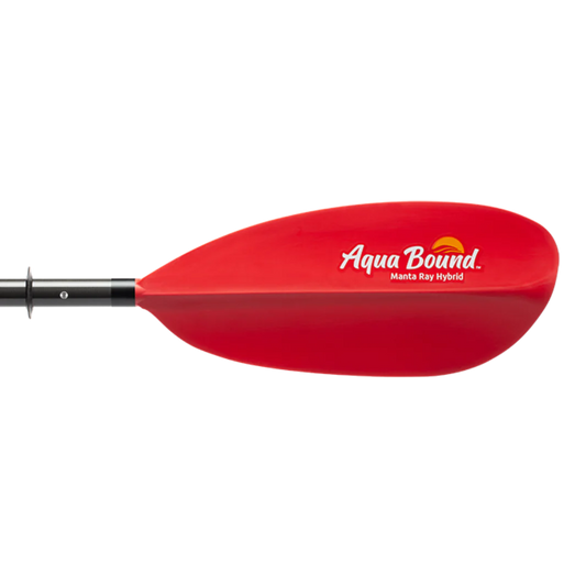 A red Manta Ray Hybrid 4-Piece paddle with a black handle from AquaBound.