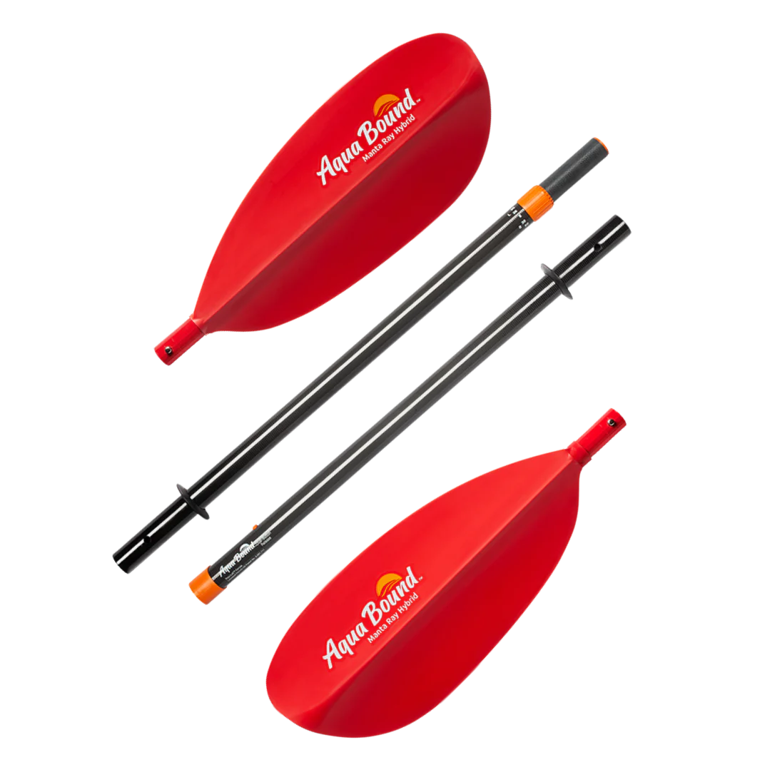 A pair of red AquaBound Manta Ray Hybrid 4-Piece paddles on a black background, known for being lightweight and perfect for high angle strokes.