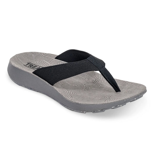 The Men's Orleans Sandal by Tread Labs features a gray and black design, textured footbed, thick sole, and exceptional arch support for ultimate comfort.