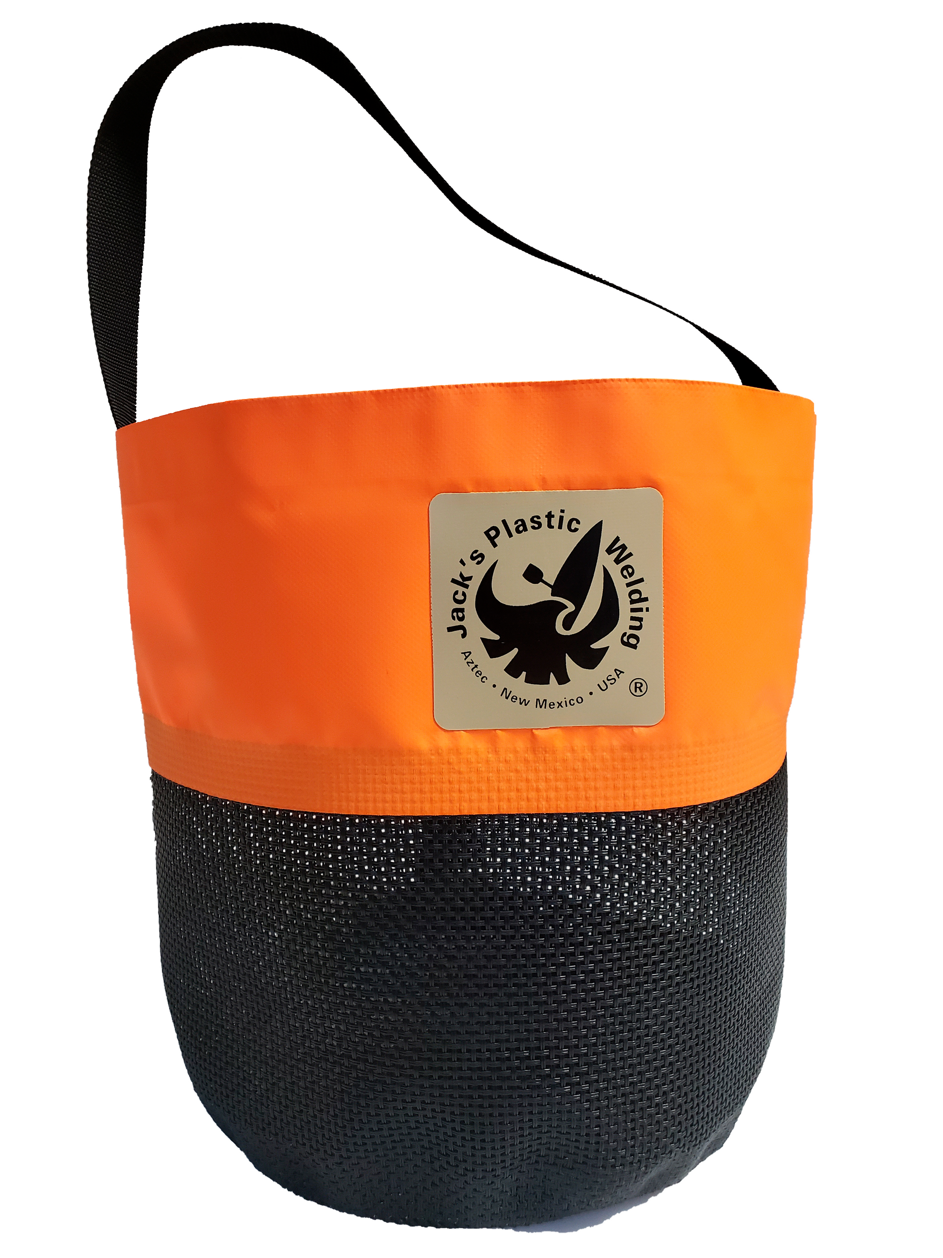 The orange and black Collapsible Water Bucket by Jacks Plastic Welding, ideal for outdoor adventures, features a sturdy black strap and square logo label. Its mesh bottom is perfect for drying gear, adding both functionality and style to your adventure essentials.