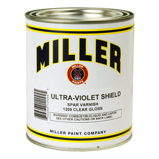 A quart can of Sawyer Miller Spar Varnish in clear gloss, featuring product information and a warning label on the front.