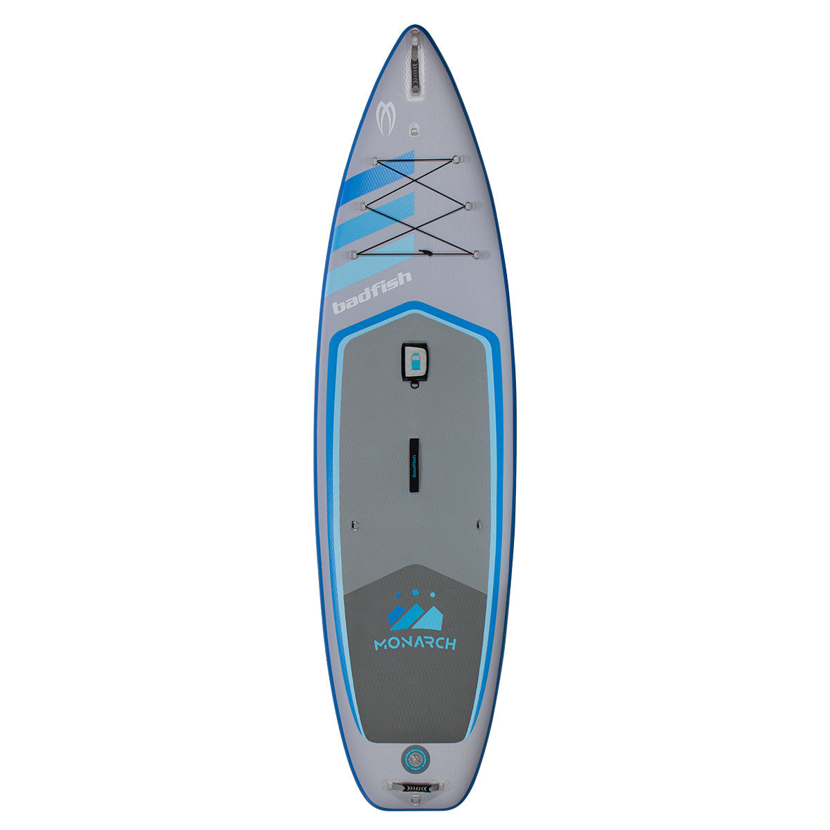 The Badfish Monarch Package is an 11' gray and blue inflatable paddleboard featuring "badfish" and "MONARCH" branding, a front deck bungee, and central handle for versatile use.
