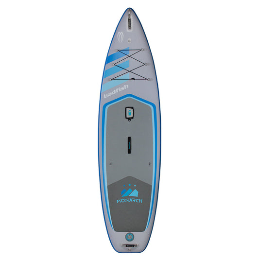 The Badfish Monarch Package is an 11' gray and blue inflatable paddleboard featuring "badfish" and "MONARCH" branding, a front deck bungee, and central handle for versatile use.