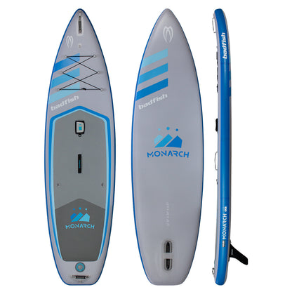 Three views of the Badfish Monarch Package paddleboard—top, bottom, and side—show blue and gray colors with "MONARCH" and "badfish" branding. The versatile Monarch Package suits all skill levels.
