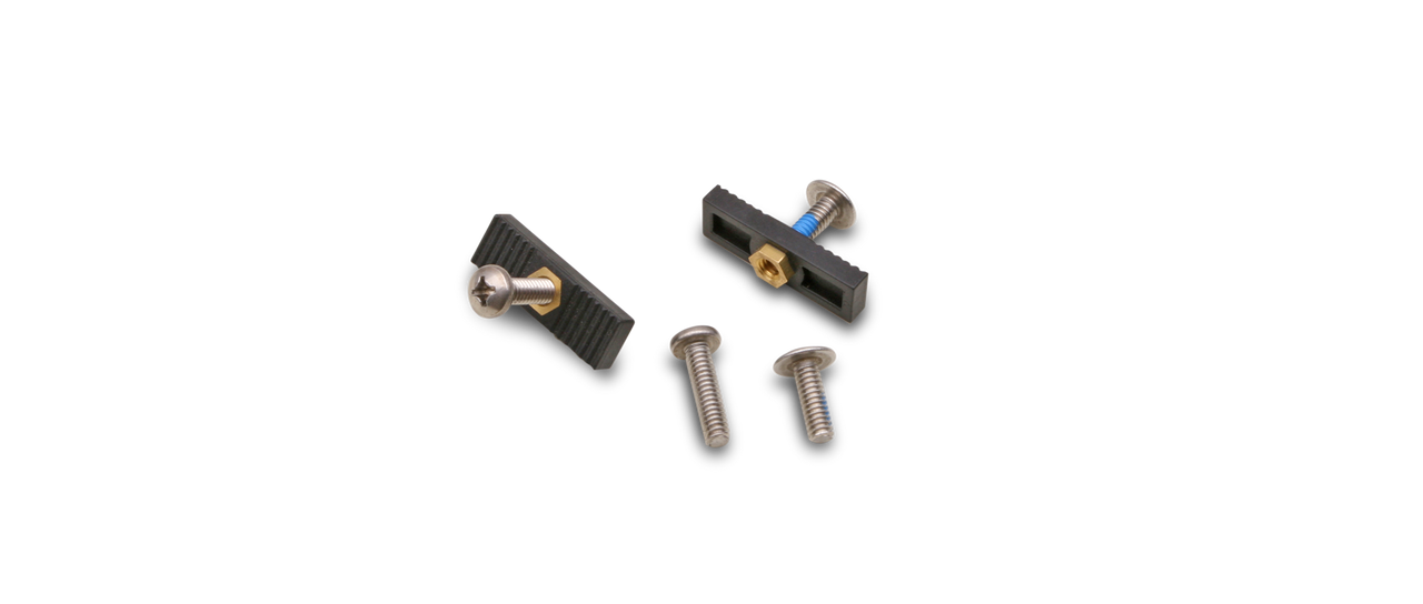 Four metal screws and two rectangular black 1/4-20 threaded mounting plates by LiquidLogic are shown on a white background. These "Slug Nuts for Whitewater Seat Track" are ideal for Adapter Kit Slugs groove systems.