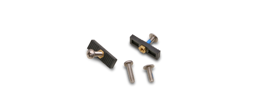 Four metal screws and two rectangular black 1/4-20 threaded mounting plates by LiquidLogic are shown on a white background. These "Slug Nuts for Whitewater Seat Track" are ideal for Adapter Kit Slugs groove systems.