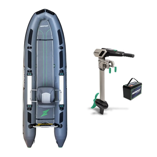 The Newport NS130 Skiff + NT300 Motor + 36V40Ah Battery Bundle is shown with an inflatable boat—an all-in-one setup ideal for small watercraft activities.