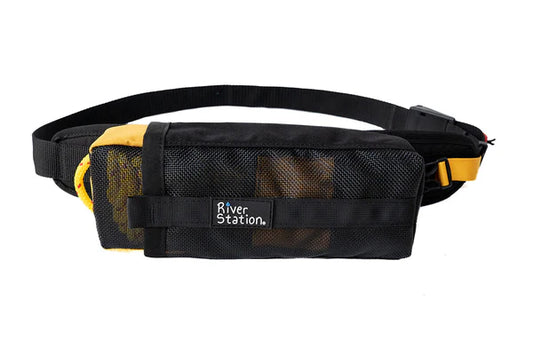 The River Station Gear GuideLaunch Waist Throw Bag is a black and yellow bag with mesh front pocket, adjustable strap, and "River Station" label—ideal for carrying a floating rope during water adventures.