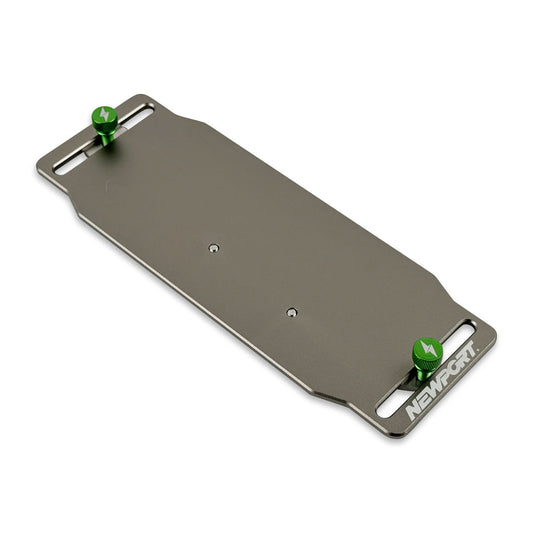 Sleek NK Throttle Mount Kit by Newport, a rectangular metallic plate with rounded corners, includes two green screws on opposite ends for secure fitting and features the word "NEWPORT" engraved at one end.