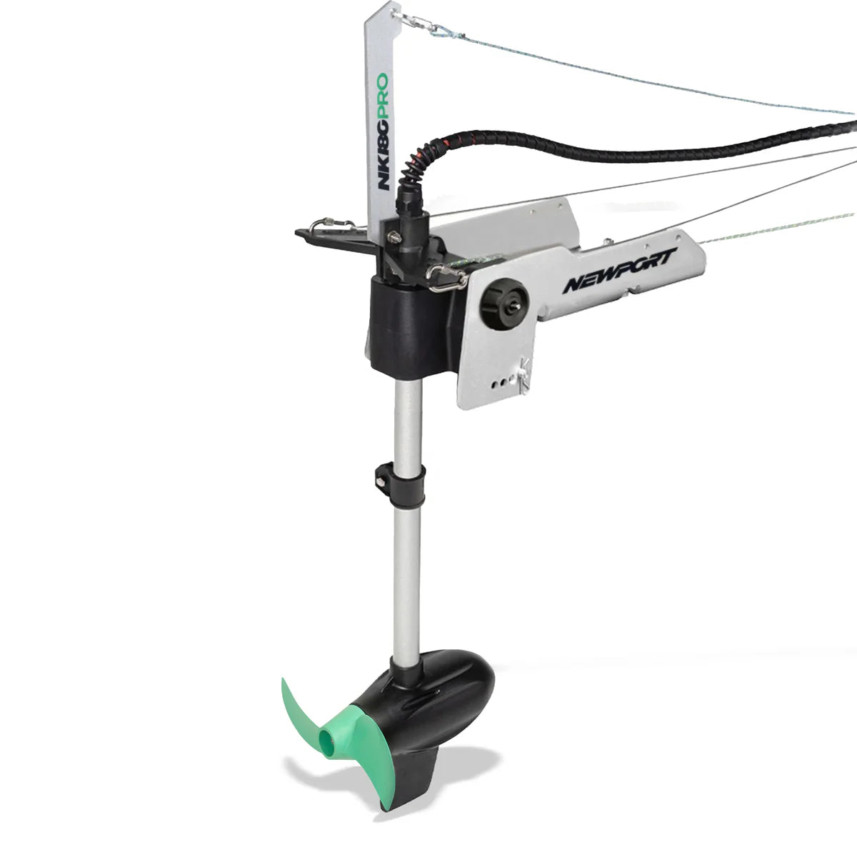 The Newport NK180PRO trolling motor with a green propeller and metal shaft comes with cables, ideal for fishing trips. Bundle includes 24V50 LoPRO Battery, all showcased on a white background.