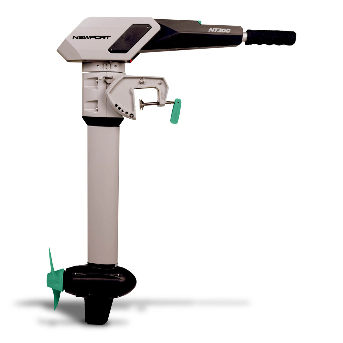 The NT300 Motor + 36V50 LoPRO Battery Bundle from Newport features a long, adjustable shaft and a sleek black and white design. It includes a textured handle, vibrant green propeller, and efficient lithium battery power.