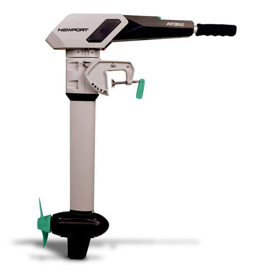 The NT300 Motor + 36V50 LoPRO Battery Bundle from Newport features a long, adjustable shaft and a sleek black and white design. It includes a textured handle, vibrant green propeller, and efficient lithium battery power.