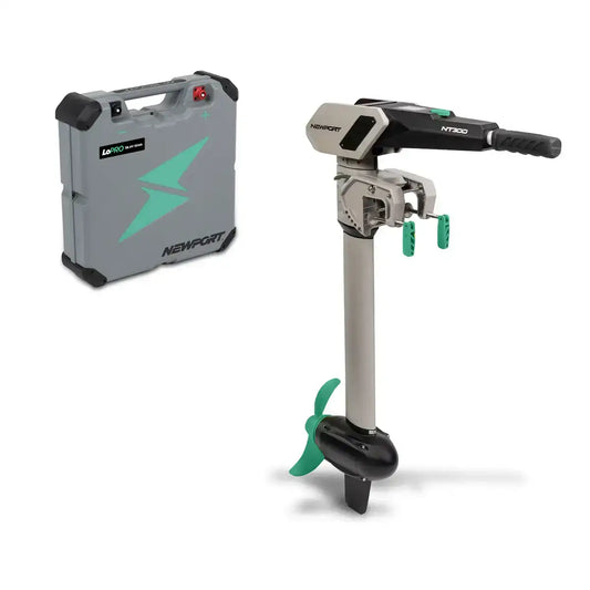The Newport NT300 Motor, bundled with a 36V50 LoPRO Battery, features a three-blade propeller and adjustable shaft length. The package includes a gray rectangular lithium battery pack adorned with logos.