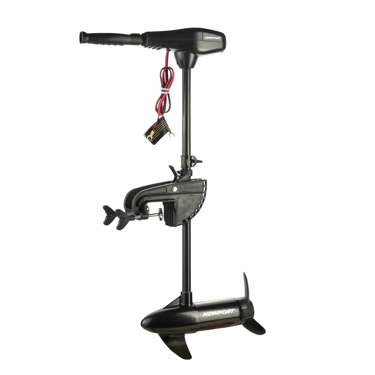 The Newport NV Series Electric Trolling Motor offers 62 lbs of thrust and features a handle, adjustable shaft, two-blade propeller ideal for saltwater and freshwater use. It includes electrical cables for smooth navigation.