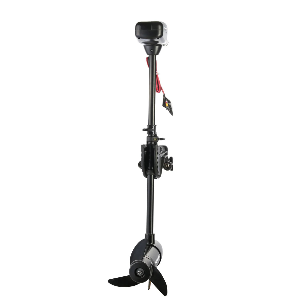 The Newport NV Series Electric Trolling Motor offers 62 lbs thrust with a black propeller and motor housing. Ideal for saltwater and freshwater, it includes a vertical shaft with wiring connectors at the top.