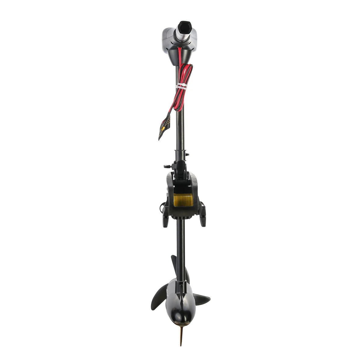 The Newport NV Series Electric Trolling Motor is showcased from the front on a white background, featuring a sturdy metal shaft, propeller, and red-black electrical wires. It's designed for versatility in both saltwater and freshwater environments with a powerful 62 lbs thrust.