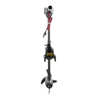 The Newport NV Series Electric Trolling Motor is showcased from the front on a white background, featuring a sturdy metal shaft, propeller, and red-black electrical wires. It's designed for versatility in both saltwater and freshwater environments with a powerful 62 lbs thrust.