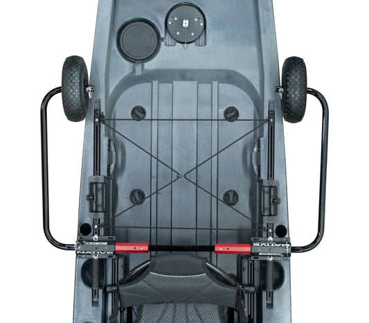 Bird's-eye view of a gray kayak by Native Watercraft, showcasing mounted rod holders, a black seat, two wheels for easy transport, and a storage hatch. The SideKick Kayak Wheel System increases mobility on various terrains.