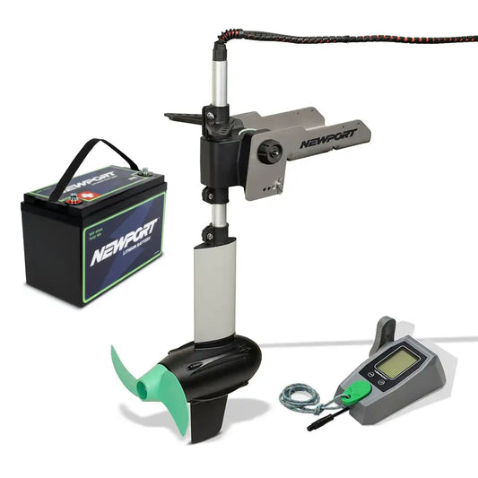 The Newport NK300 Motor + 36V40 Battery Bundle, featuring a propeller and digital controller, is shown on a white background—engineered to enhance your fishing experience.