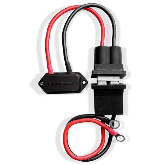 The Newport Battery Quick Disconnect kit includes black and red cables, connectors, and an inline fuse, providing an easy-to-use solution for seamless battery-to-device connections.