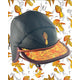 The Nobdody's Nobdody Flat Brim Skull Cap is a black five-panel cap with an orange mushroom design on the front and brim, shown against a backdrop of repeating mushroom illustrations.