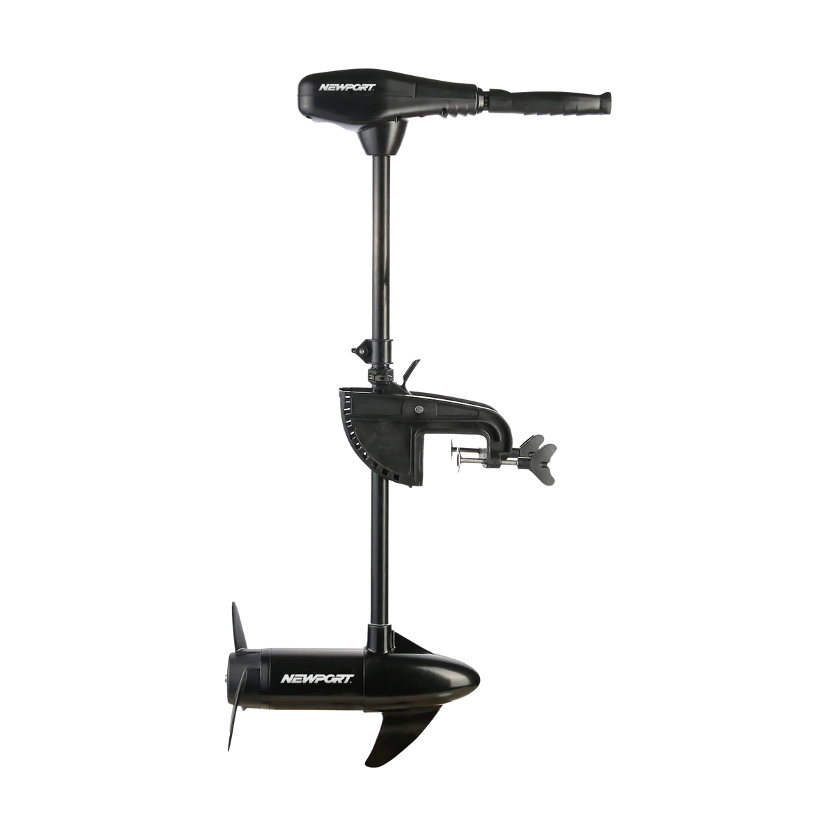 The Newport NV Series Electric Trolling Motor offers 62 lbs of thrust with a bottom-mounted propeller and adjustable clamp for easy mounting. Suitable for saltwater and freshwater, it features a convenient top control handle. Available in black.