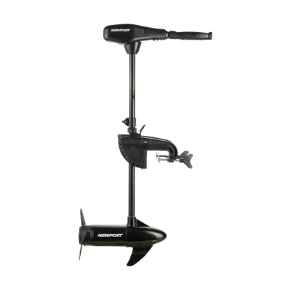 The Newport NV Series Electric Trolling Motor offers 62 lbs of thrust with a bottom-mounted propeller and adjustable clamp for easy mounting. Suitable for saltwater and freshwater, it features a convenient top control handle. Available in black.