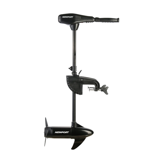 The Newport NV Series Electric Trolling Motor offers 62 lbs of thrust with a bottom-mounted propeller and adjustable clamp for easy mounting. Suitable for saltwater and freshwater, it features a convenient top control handle. Available in black.