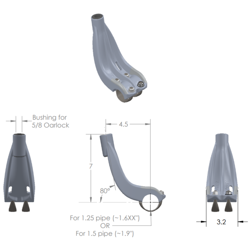 Technical drawing of a Better Mounts Oar Towers for a 5/8 oarlock, showing dimensions and views from different angles. Measurements provided include 4.5" and 7" height, an 80° angle, and compatibility with 1.25 and 1.5 pipes.