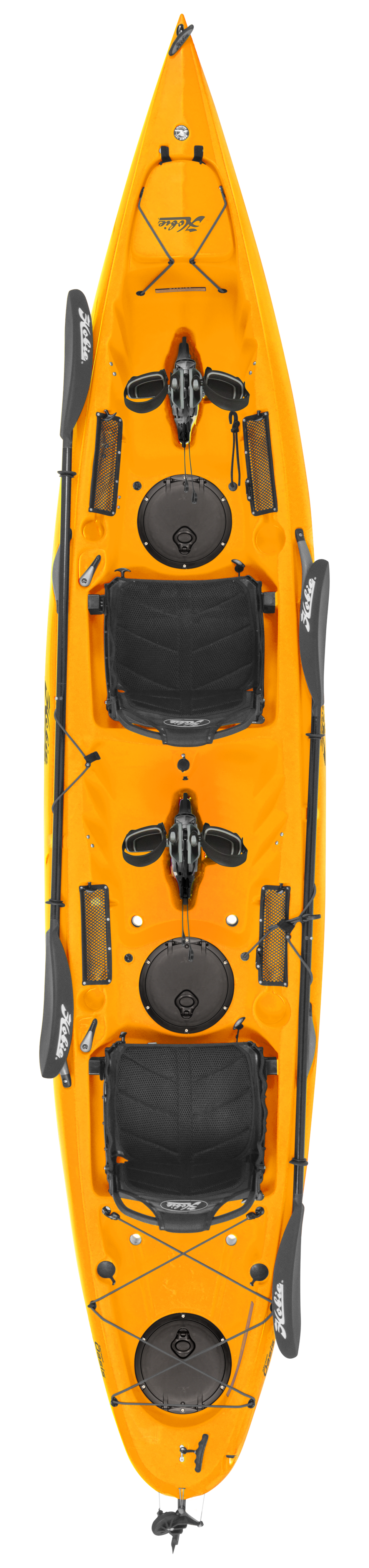 A performance-minded yellow Hobie Mirage Oasis 14.6 kayak with black paddles, featuring Mirage MD180 Drives.