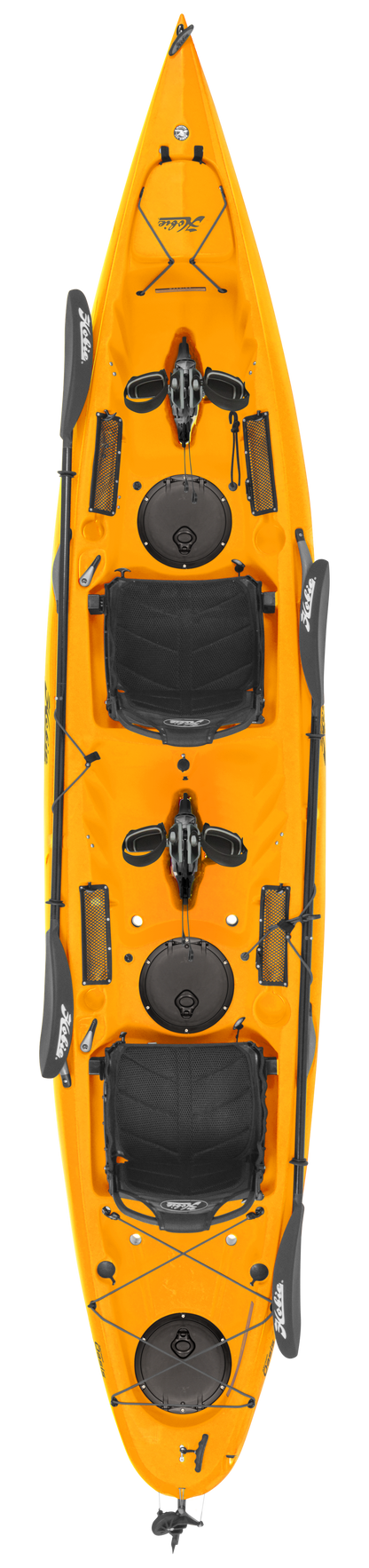 A performance-minded yellow Hobie Mirage Oasis 14.6 kayak with black paddles, featuring Mirage MD180 Drives.