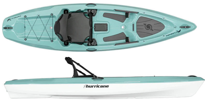 The Hurricane Kayaks Osprey 109 & 120, shown in turquoise and white with elevated seat system, black footrests, carry handles, and rear bungee storage cords; top and side views displayed.