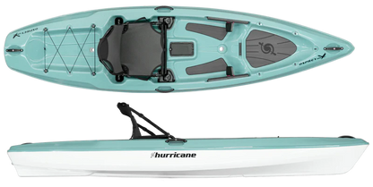 The Hurricane Kayaks Osprey 109 & 120, shown in turquoise and white with elevated seat system, black footrests, carry handles, and rear bungee storage cords; top and side views displayed.