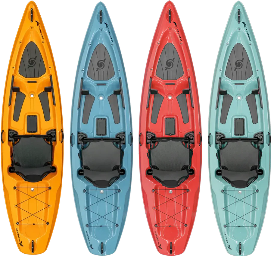 The Hurricane Kayaks Osprey 109 & 120 in yellow, blue, red, and teal are shown side by side from above, each with an elevated seat system, spacious storage areas, and ergonomic handles.