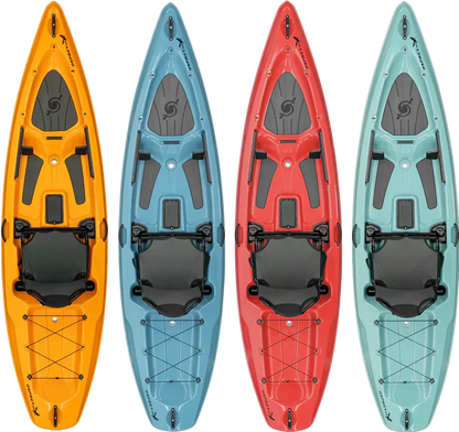 The Hurricane Kayaks Osprey 109 & 120 in yellow, blue, red, and teal are shown side by side from above, each with an elevated seat system, spacious storage areas, and ergonomic handles.
