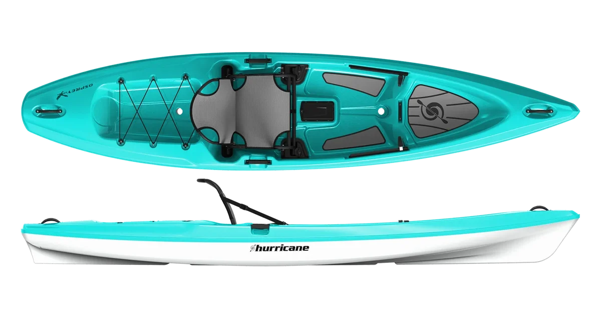 The Osprey 109 kayak from Hurricane Kayaks boasts a turquoise and white design with a Relax hull, elevated seating, footrests, and generous gear storage.