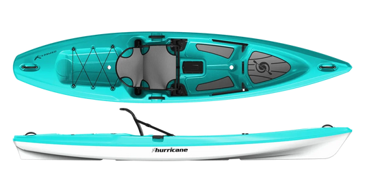 The Osprey 109 kayak from Hurricane Kayaks boasts a turquoise and white design with a Relax hull, elevated seating, footrests, and generous gear storage.