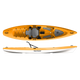 The Hurricane Kayaks Osprey 109, in vibrant orange and white, boasts an ergonomic elevated seat system, convenient storage compartments, and a Relax hull for smooth gliding. It includes a bungee cord on deck and features top and side view displays.