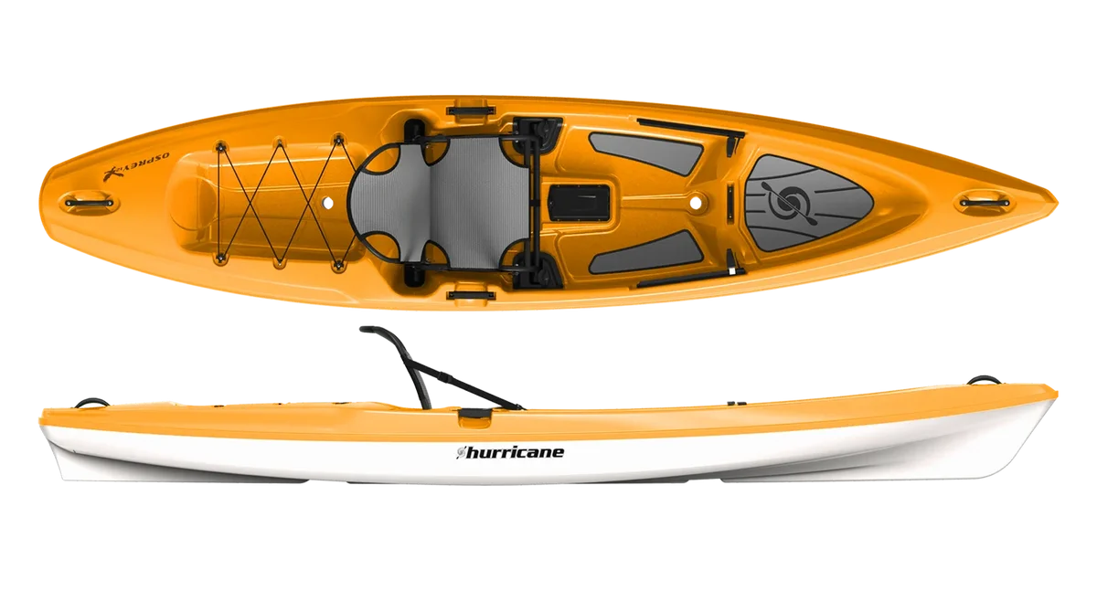 The Hurricane Kayaks Osprey 109, in vibrant orange and white, boasts an ergonomic elevated seat system, convenient storage compartments, and a Relax hull for smooth gliding. It includes a bungee cord on deck and features top and side view displays.