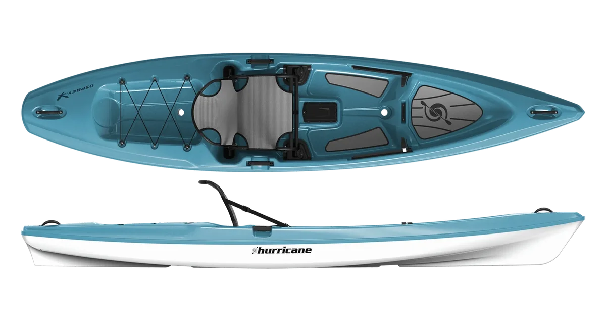 The Hurricane Kayaks Osprey 109 features a blue and white Relax hull, elevated seat system, footrests, bungee cord storage on the bow, and rear storage with hatch for smooth paddling adventures.