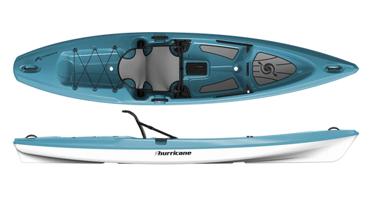 The Hurricane Kayaks Osprey 109 features a blue and white Relax hull, elevated seat system, footrests, bungee cord storage on the bow, and rear storage with hatch for smooth paddling adventures.