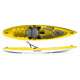 The Osprey 109 by Hurricane Kayaks is a yellow kayak with top and side views, showcasing an elevated seat system, footrests, storage areas, and black bungee cords for optimal performance.
