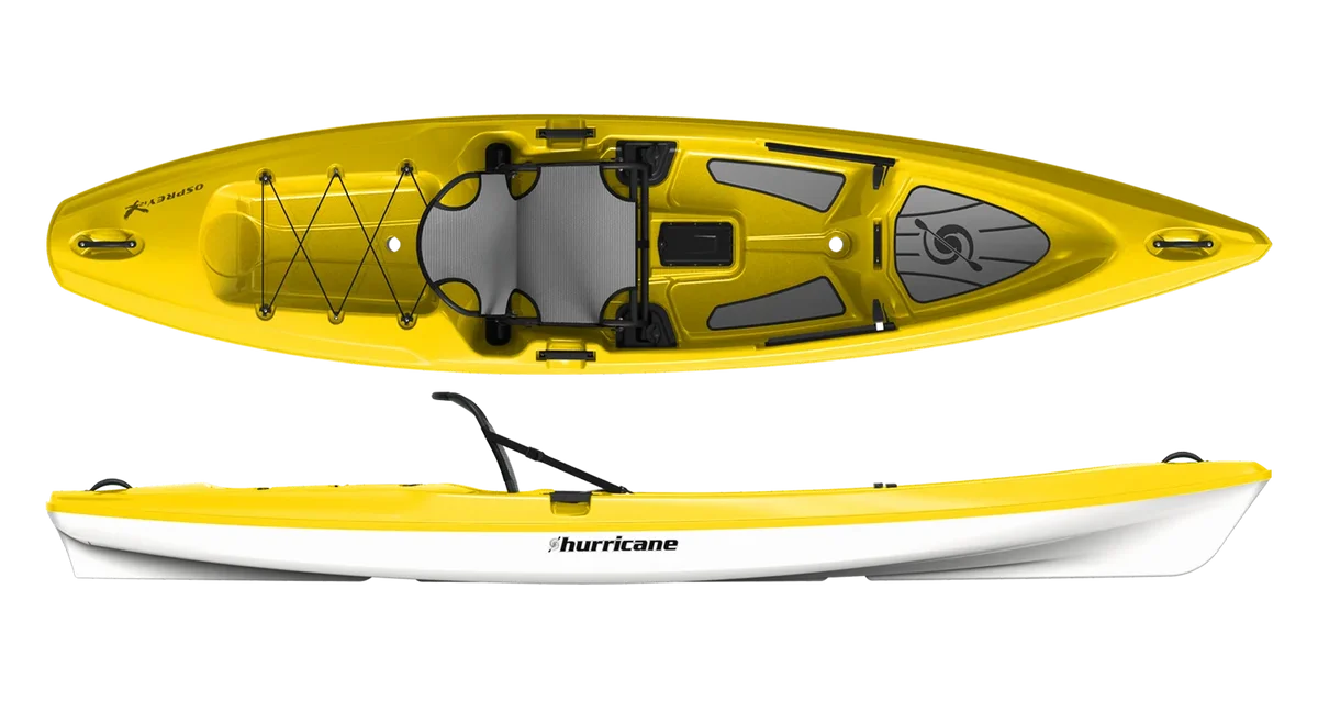 The Osprey 109 by Hurricane Kayaks is a yellow kayak with top and side views, showcasing an elevated seat system, footrests, storage areas, and black bungee cords for optimal performance.