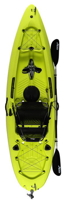 A yellow Hobie kayak with exceptional stability and a paddle.